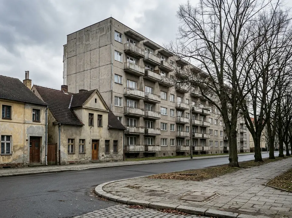 Panelház erkélysorai mellett néhány régebbi vakolt lakóház egy városi utcában